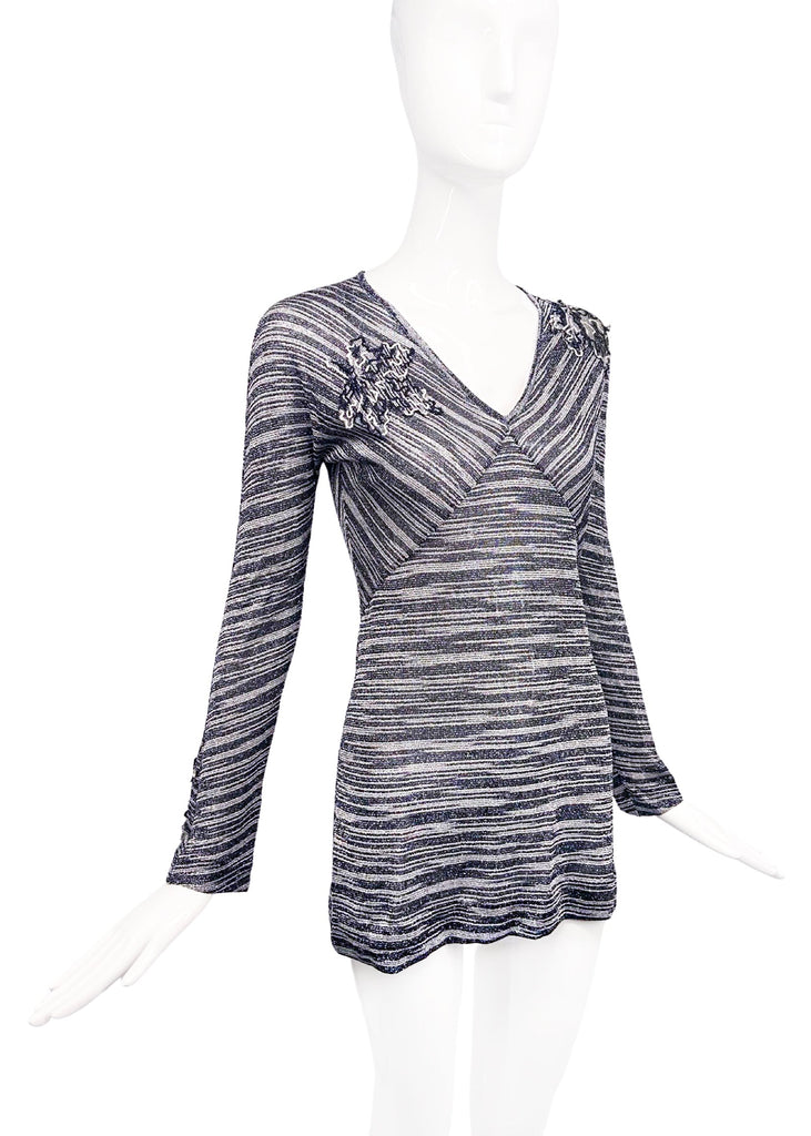 Missoni Silver Metallic Lurex Striped Floral Applicate Dress