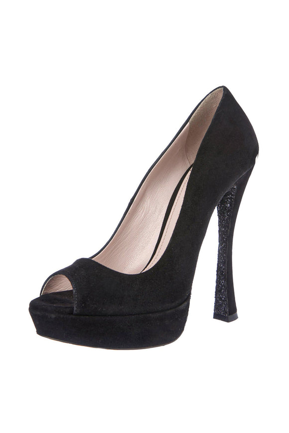 Miu Miu Black Suede Peep Toe Shoes with Black Glitter Sole Size 36