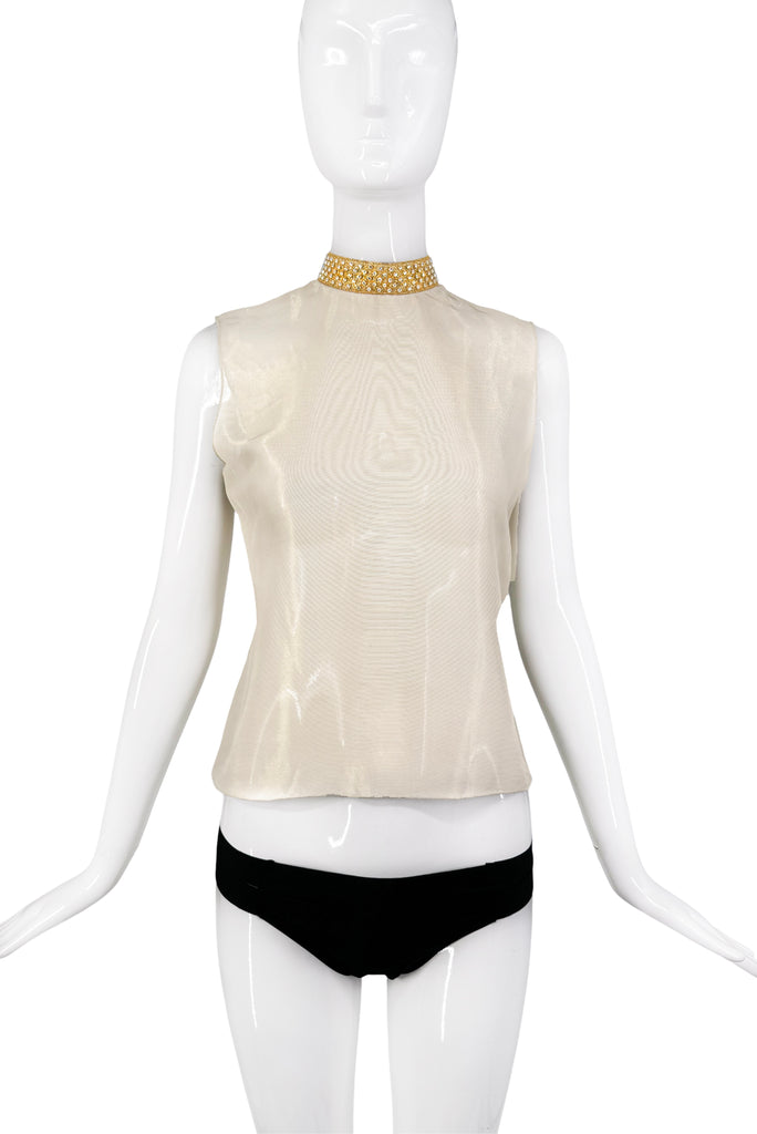 Miu Miu Gold Silk Sheer Crystal Collar Sleeveless Top