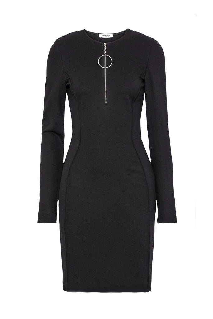 Mugler Black Jersey Bodycon Dress with Round Zipper Detail - BOUTIQUE PURCHASE PRICE