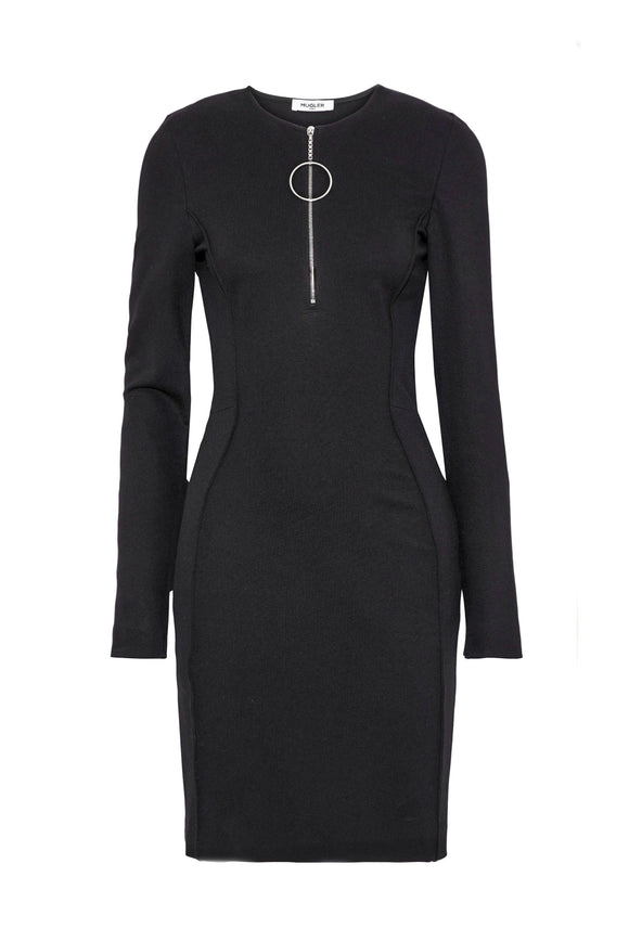 Mugler Black Jersey Bodycon Dress with Round Zipper Detail - BOUTIQUE PURCHASE PRICE