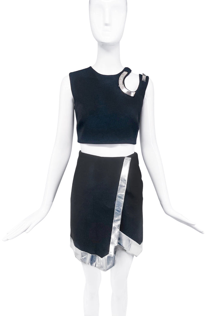 Mugler x David Koma Black Wool Mini Skirt with Silver Metallic Trim Detail