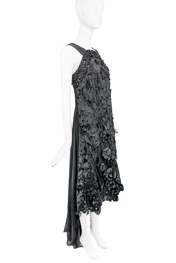 Nina Ricci Black Floral Cut Out Fishnet Crystal Beading Chiffon Train Gown Dress Spring 2015 Runway