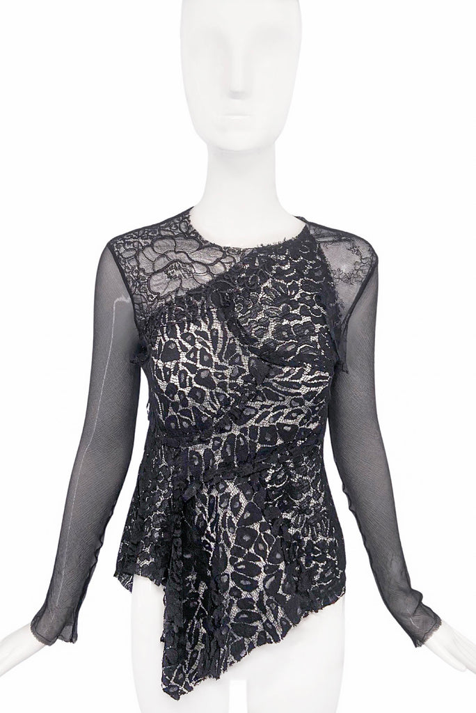 Nina Ricci Black Lace and Chiffon Long Sleeve Top