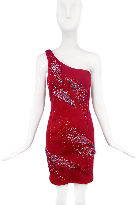 Nina Ricci Red One Shoulder Mini Dress with Crystal Embellishment FW2009