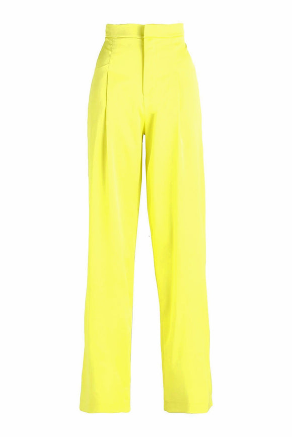 NineMinutes Italy Neon Yellow Satin High Waisted Suit Pants