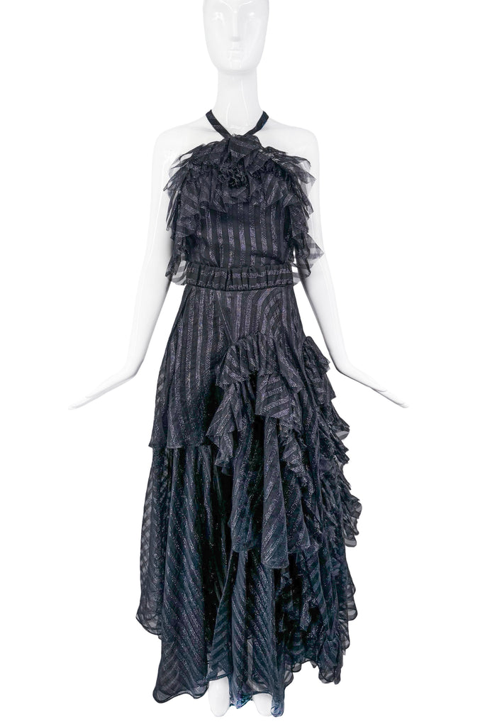 No.21 Black Metallic Lurex Ruffle Halter Neck Gown
