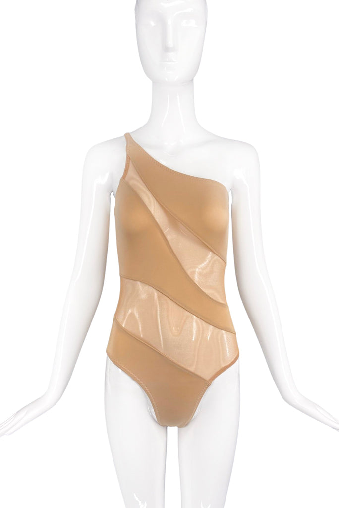 Norma Kamali Nude-Tone One-Shoulder Bodysuit with Sheer Inserts