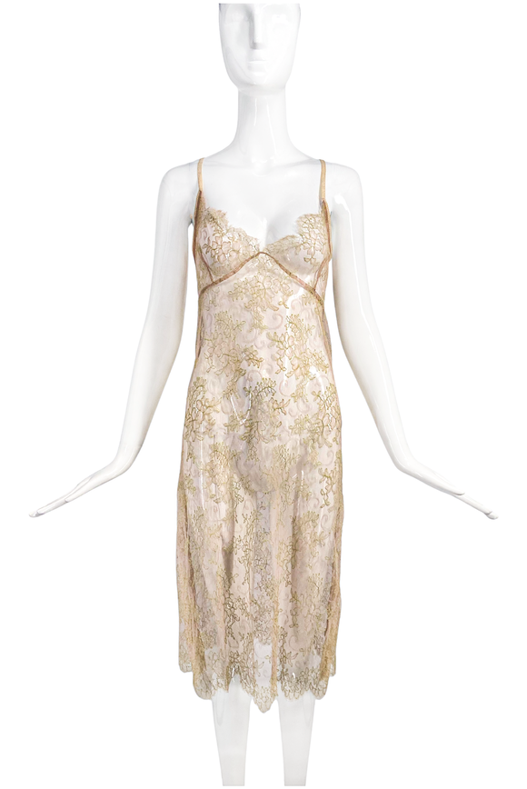 Colette Dinnigan Nude Lace with Fluorescent Green Accents Slip Dress 1990's