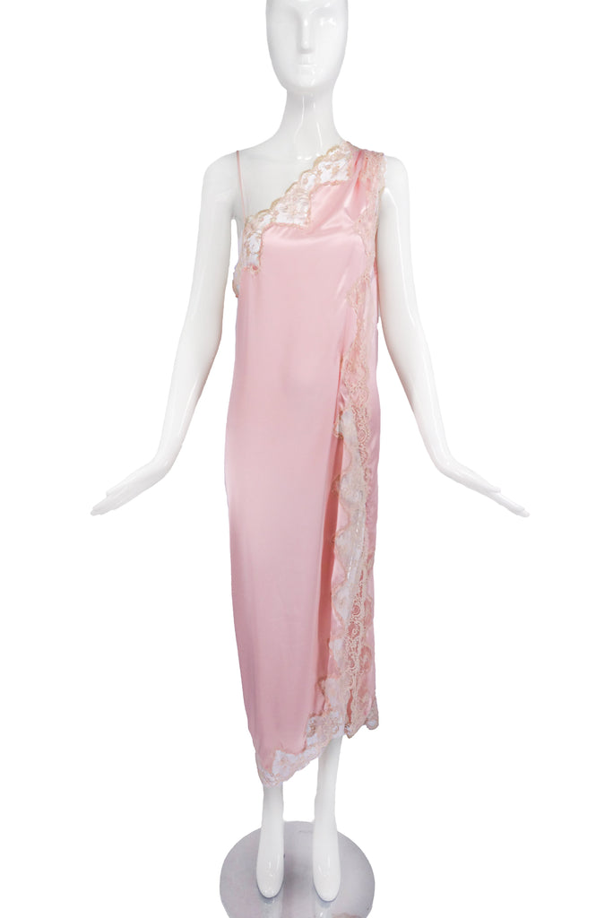 Vintage Pale Pink One Shoulder "Valley of the Dolls" Negligee Slip Dress with Lace Trim and High Sexy Slit