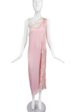 Vintage Pale Pink One Shoulder "Valley of the Dolls" Negligee Slip Dress with Lace Trim and High Sexy Slit
