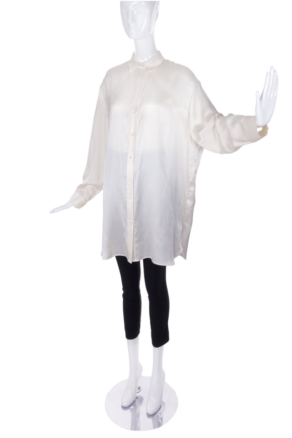 Vintage Ivory White Satin Silk Oversized Button-Up Blouse Shirt