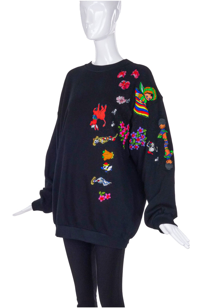 Lou de Betoly Black Sweatshirt with Multicolor Patch Embellishments