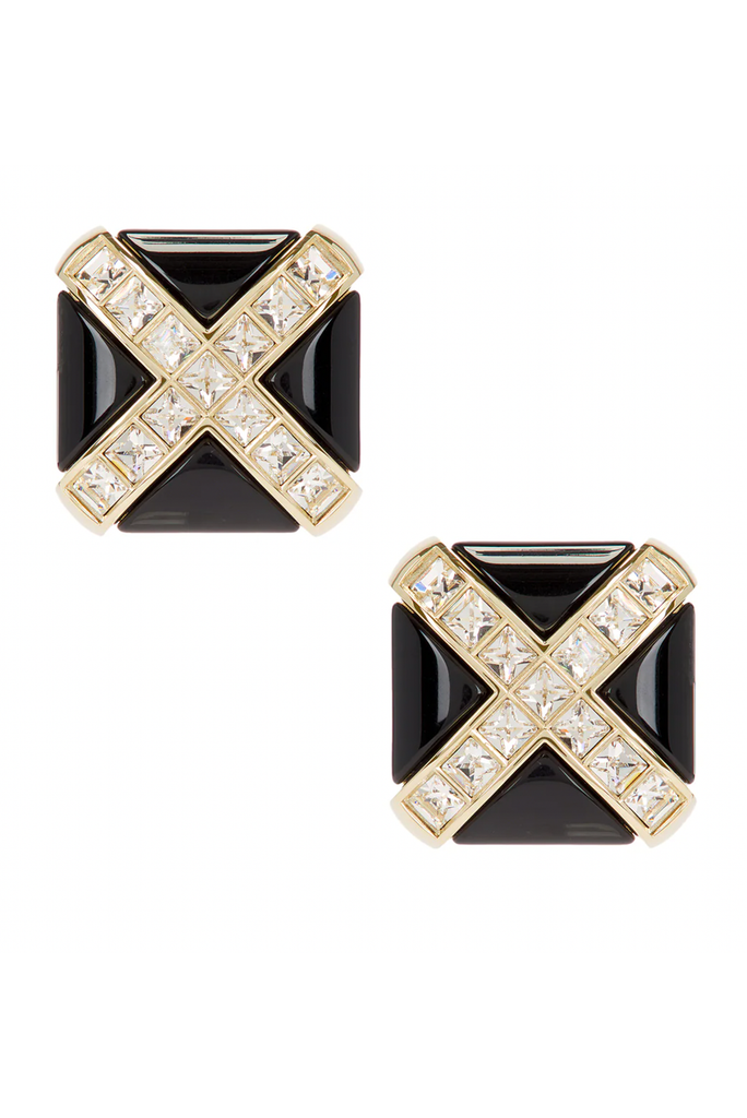 Saint Laurent Black Crossed Crystal Rhinestones XL Stud Earrings