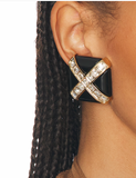 Saint Laurent Black Crossed Crystal Rhinestones XL Stud Earrings