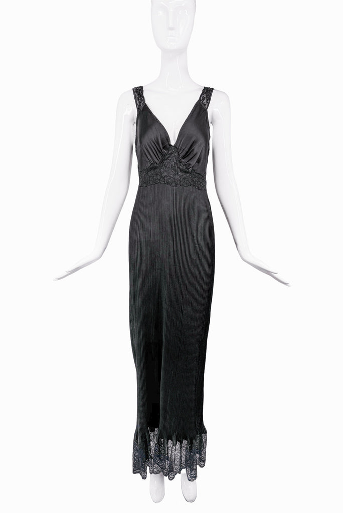 Paco Rabanne Black Silk Pleated Lace Slip Dress Gown