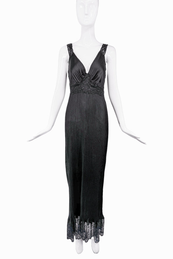 Paco Rabanne Black Silk Pleated Lace Slip Dress Gown