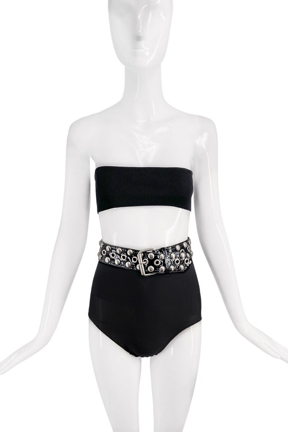 Vintage Black Vinyl Belt with Metal Oversized Studs and Grommets