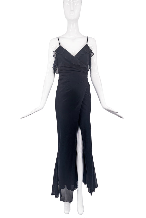 Pat Field David Dalrymple Black Corset Wrap High Slit Slip Dress 90's Gown Dress