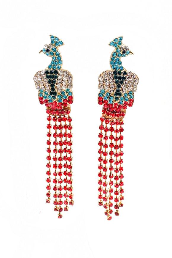 Vintage Rainbow Colored Crystal Peacock Earrings in the Style of Van Cleef & Arpel