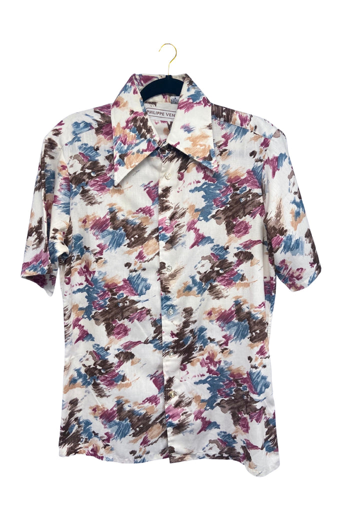 Philippe Venet Multicolor Watercolor Print Short Sleeve Button-Up Shirt