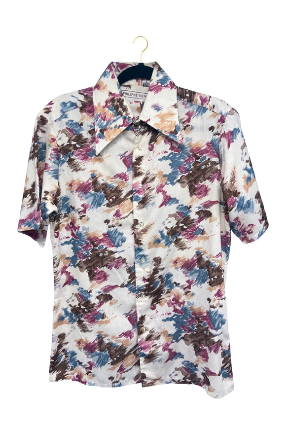 Philippe Venet Multicolor Watercolor Print Short Sleeve Button-Up Shirt