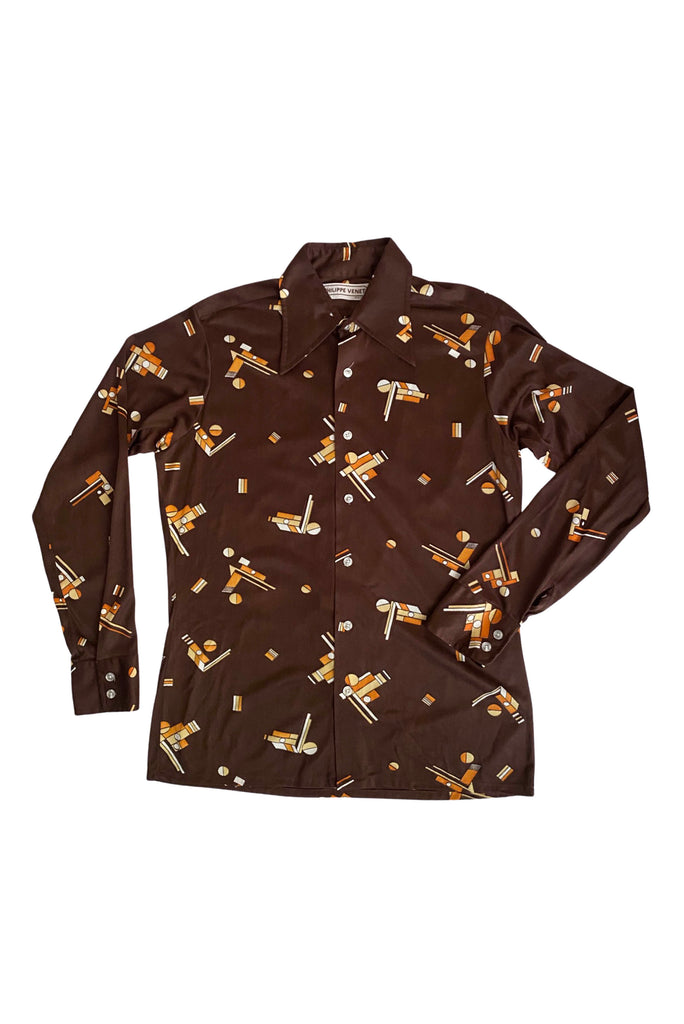 Philippe Venet Brown Geometric "Croquet" Print Pattern Button-Up