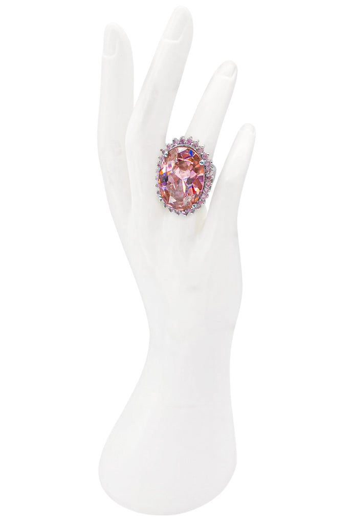 Vintage Pink Stone Set Diamond Silver Cocktail Ring