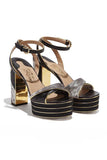 Salvatore Ferragamo "Lady Gaga" Black White Gray Patchwork Snake Gold Disco Platforms Size 11