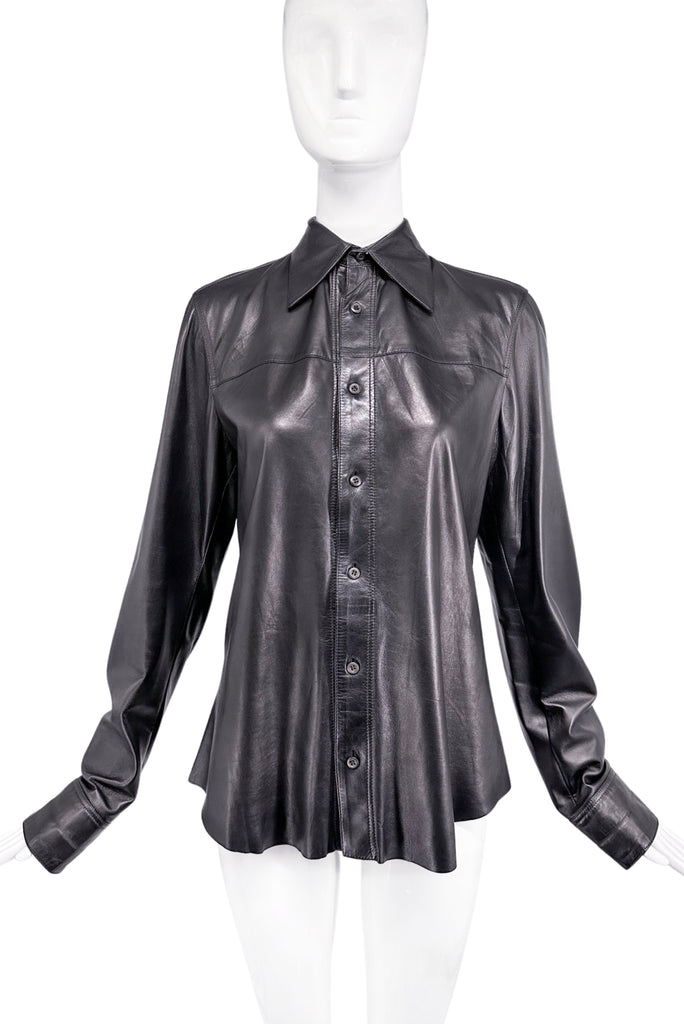 Prada Black Leather Button Down Shirt