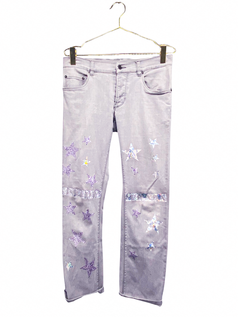 Prada Grey Denim Pants with Iridescent Sparkle Star and Logo Details