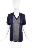 Prada Black Navy Blue V-Neck T-Shirt with Basketball Mesh Insert Detail
