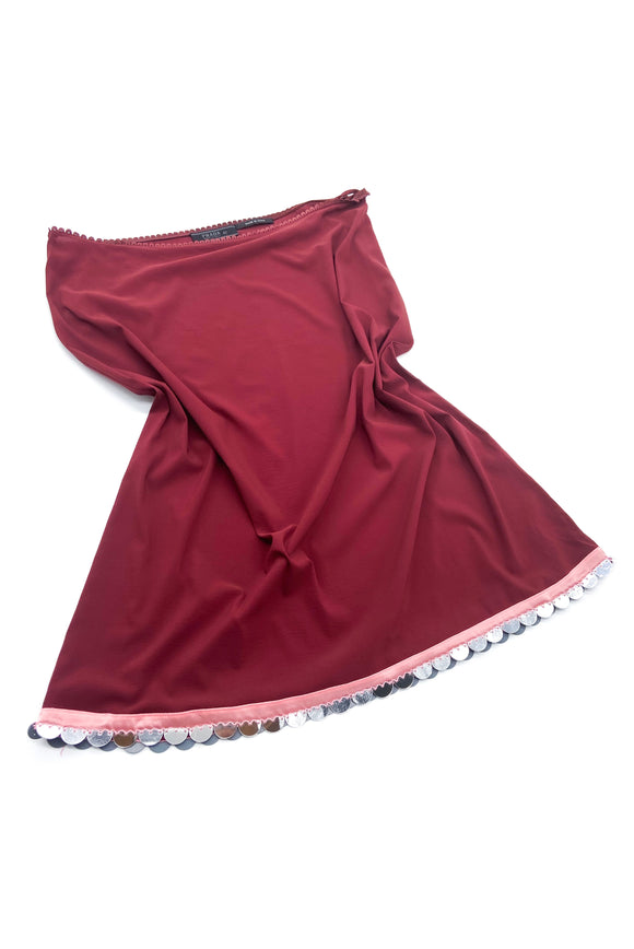 Prada Burgundy Skirt with Silver Mirror Paillette Hem Detail