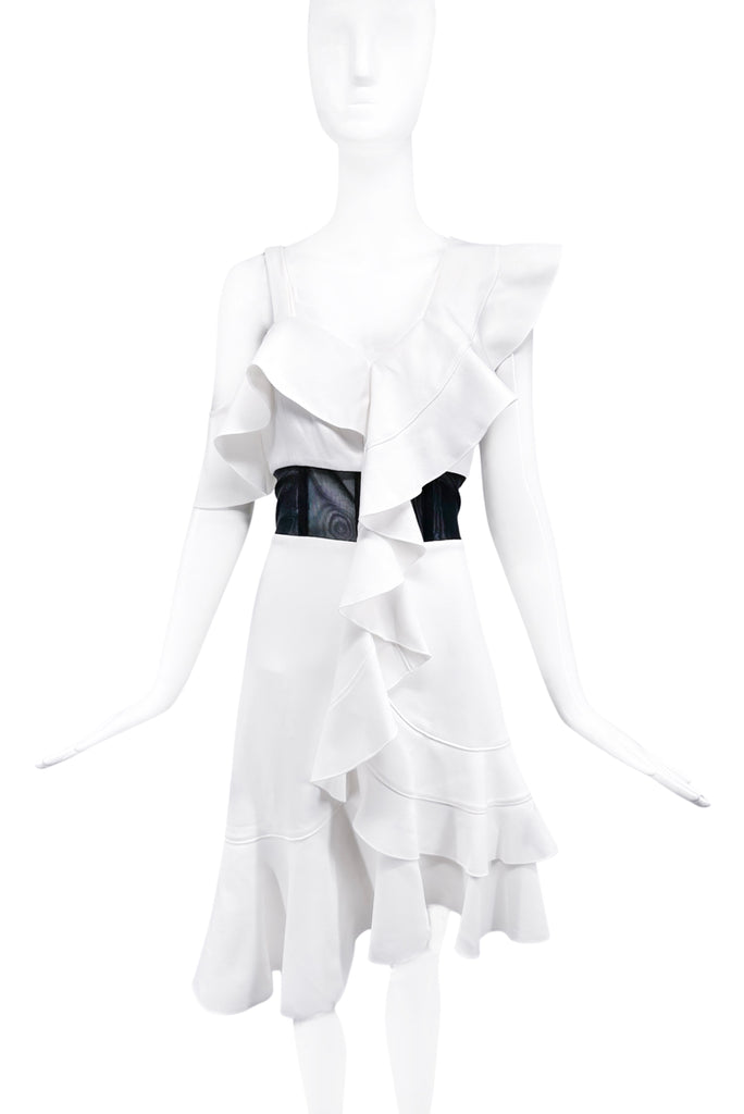 Proenza Schouler White Ruffle Off the Shoulder Dress with Black Mesh Waist Detailing