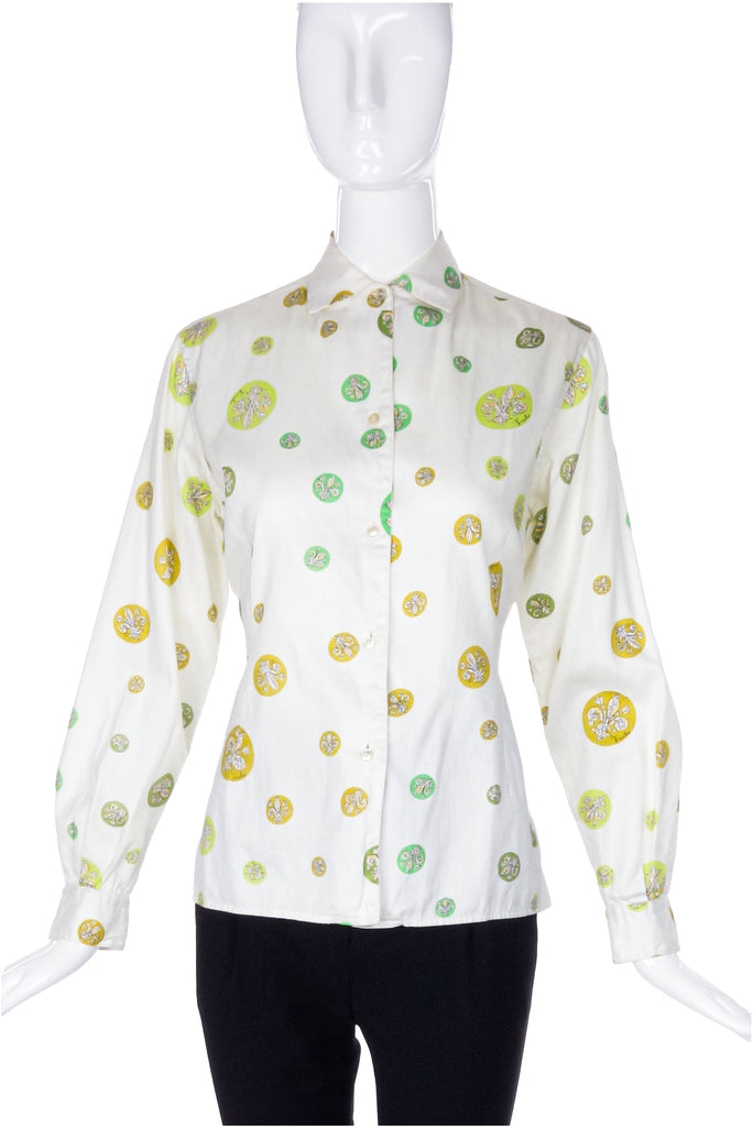 Emilio Pucci 1970's Vintage White Cotton Button Up Blouse with Logo Print