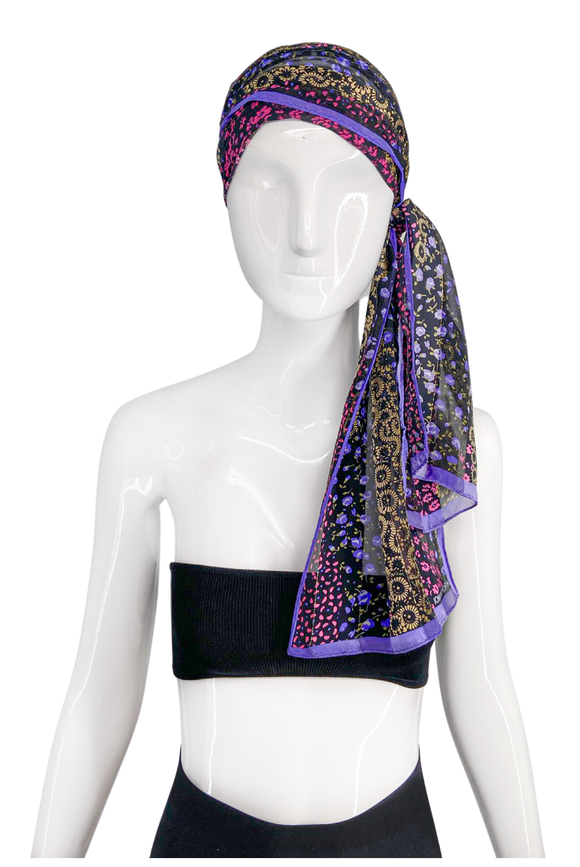 Vintage Purple Floral Print Lurex Sheer Chiffon Long Head Or Neck Scarf