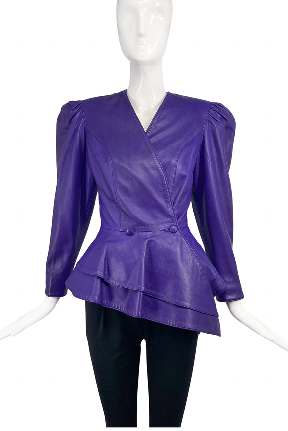 Vintage Purple Leather Fitted Asymmetrical Peplum Jacket