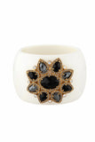 Roberto Cavalli White Gold Black Gemstone Crsytal Flower Decal Cuff Bracelet