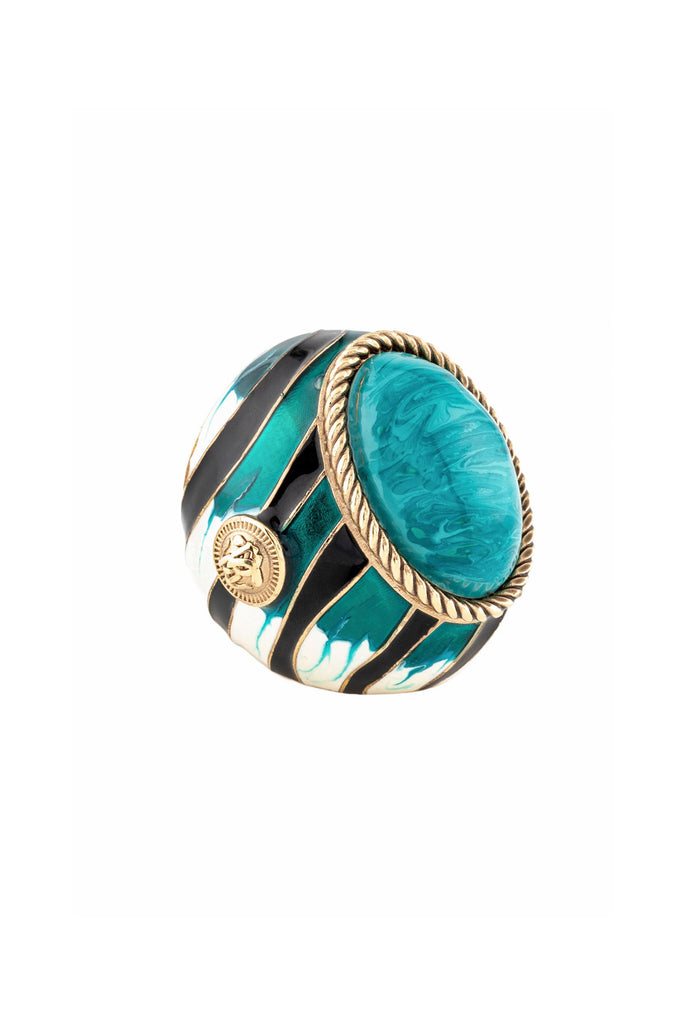 Roberto Cavalli Gold Black Blue Enamel Stone Embellished Statement Ring