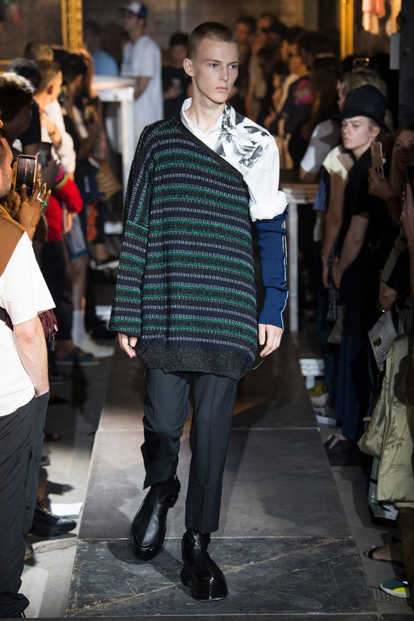 Raf Simons Grey and Green with Silver Lurex Knit One Shoulder Sweater with Blue Knit Detached Arm Sleeve SS2019