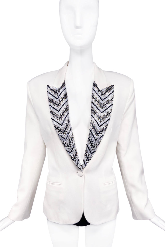 Redemption Paris White Ivory Crystal Embellished Lapel Blazer Jacket