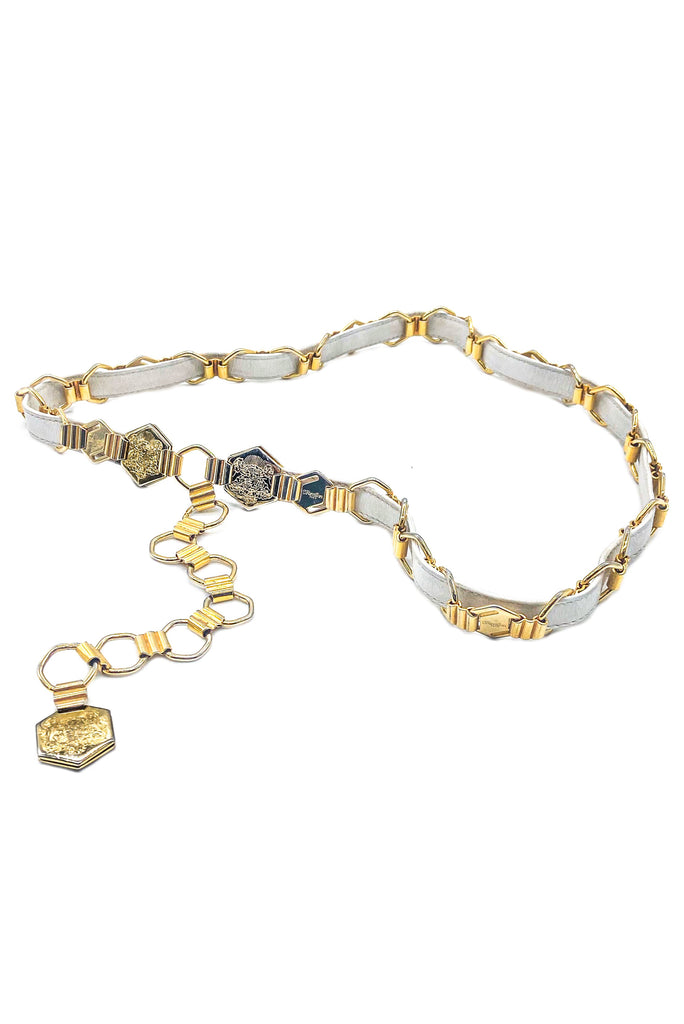 Revillon Paris White Leather Gold Metal Logo Belt