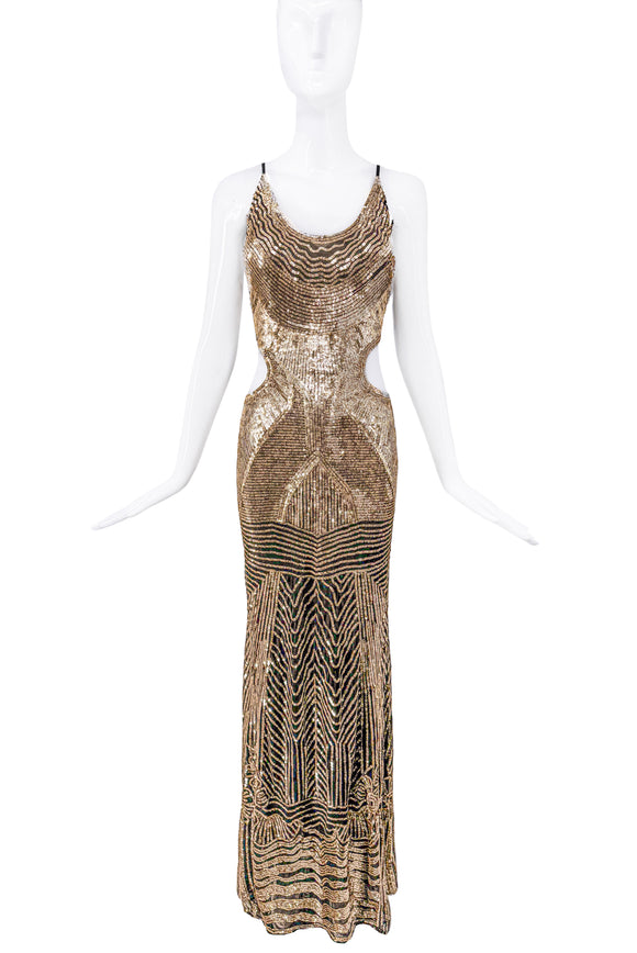 Roberto Cavalli Gold Sequin Cut Out Gown