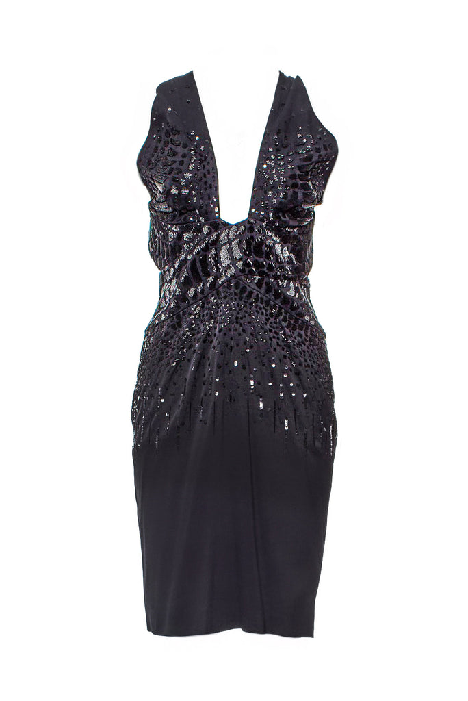 Roberto Cavalli Black Crocodile Glass Bead and Sequin Cocktail Dress