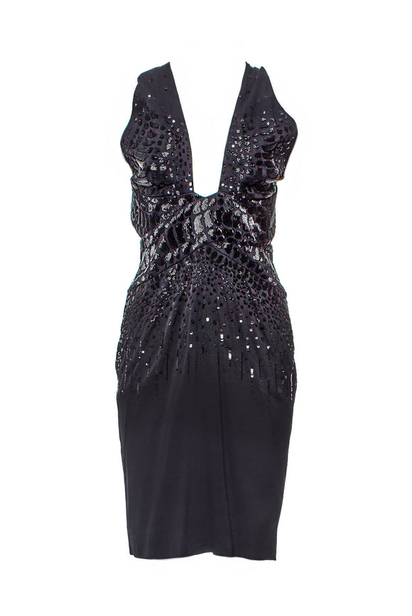 Roberto Cavalli Black Crocodile Glass Bead and Sequin Cocktail Dress