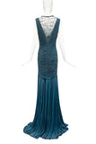Roberto Cavalli Teal Blue Green Ruched Lace Beaded Gown Dress
