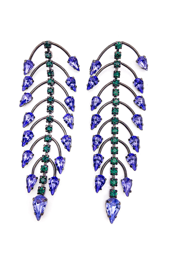Roberto Cavalli Fishbone Earrings Green and Purple Crystals with Gunmetal