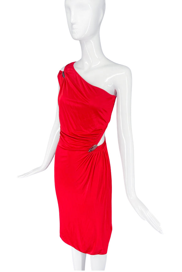 Roberto Cavalli Red Cut-Out Dress with Gunmetal Details