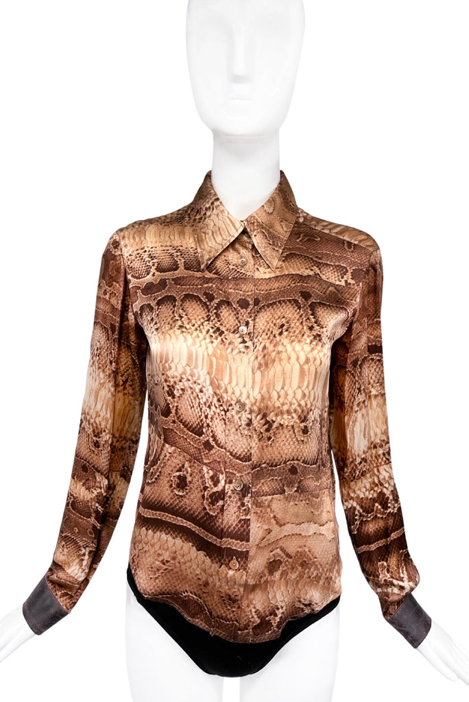 Roberto Cavalli Snakeskin Print Satin Button Down Blouse