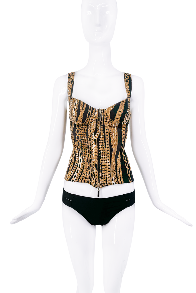Roberto Cavalli Black and Gold Chain Print Corset Top